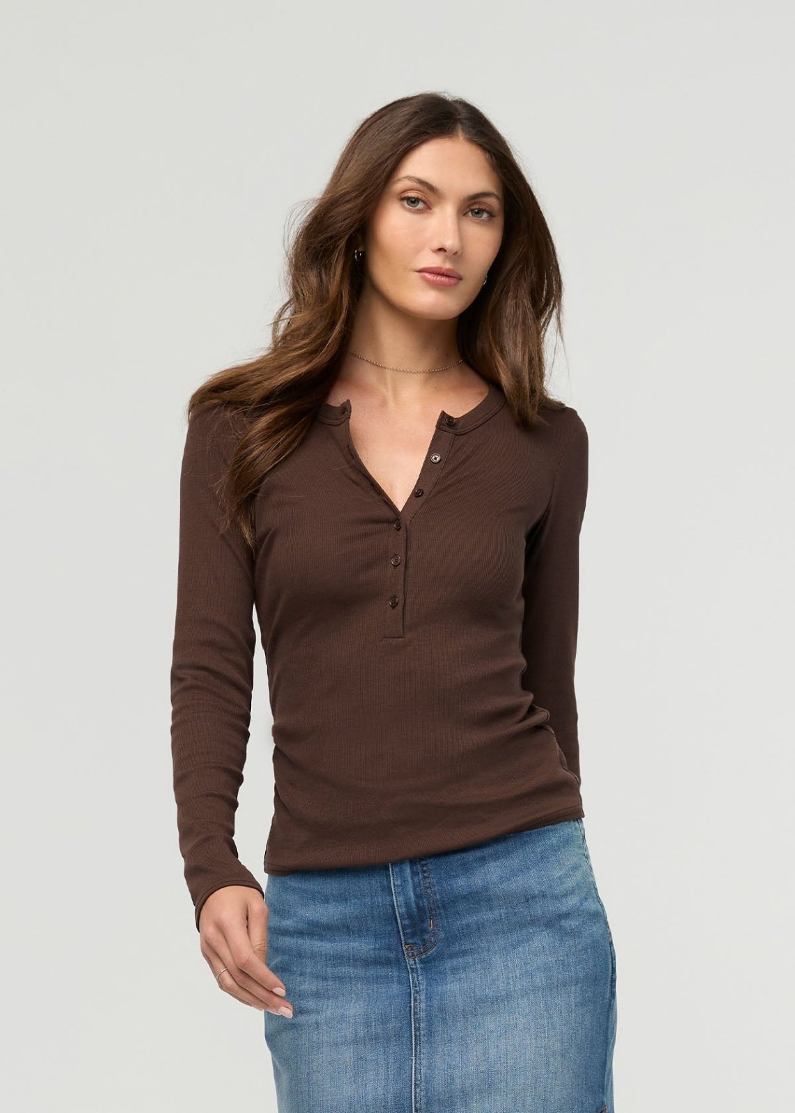 Women's Espresso Fitted Pima Cotton Henley front