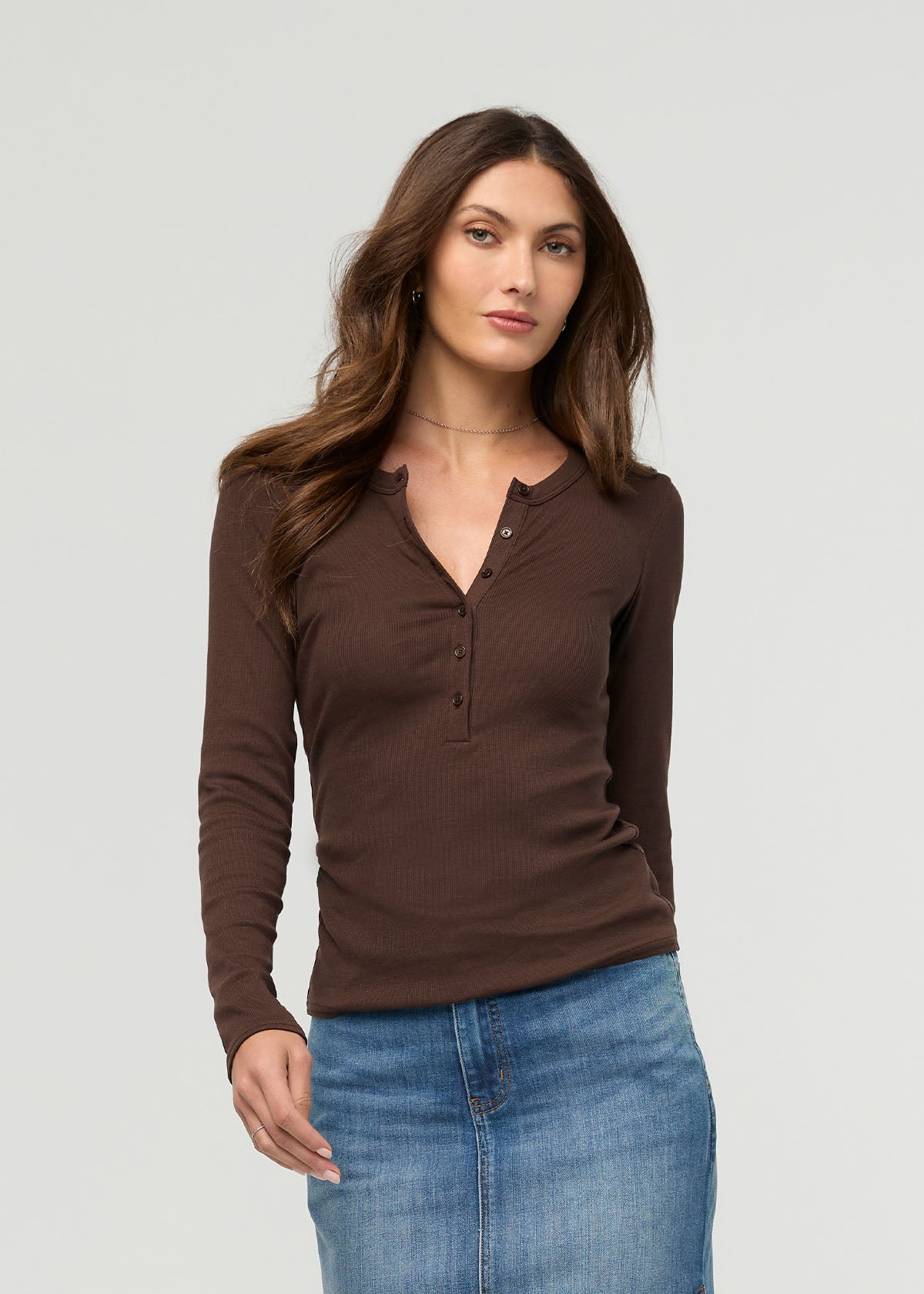 Women's Espresso Fitted Pima Cotton Henley front