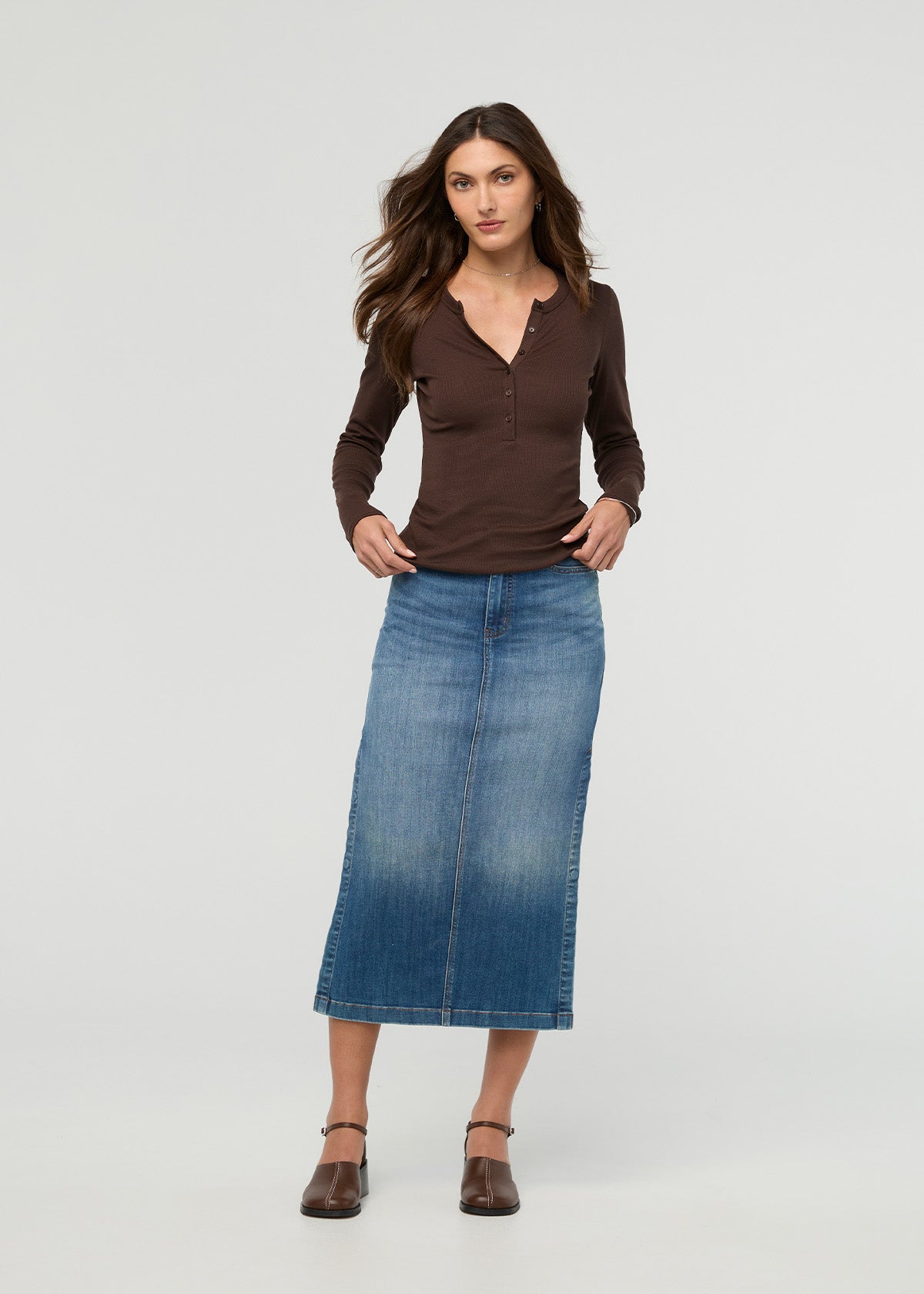 Women's Espresso Fitted Pima Cotton Henley front full body