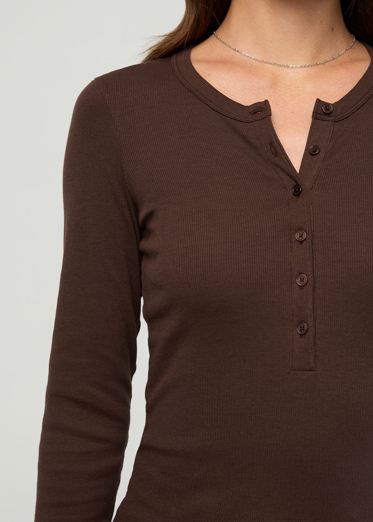 Women's Espresso Fitted Pima Cotton Henley button detail