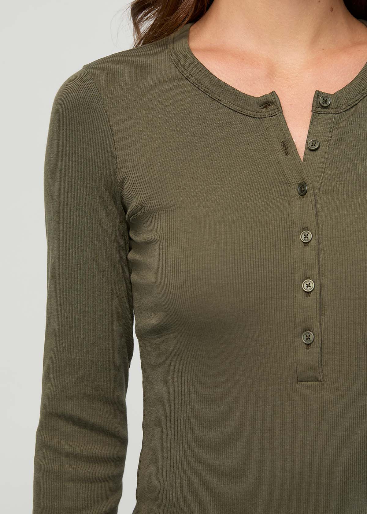 Women's Kelp Fitted Pima Cotton Henley front button detail