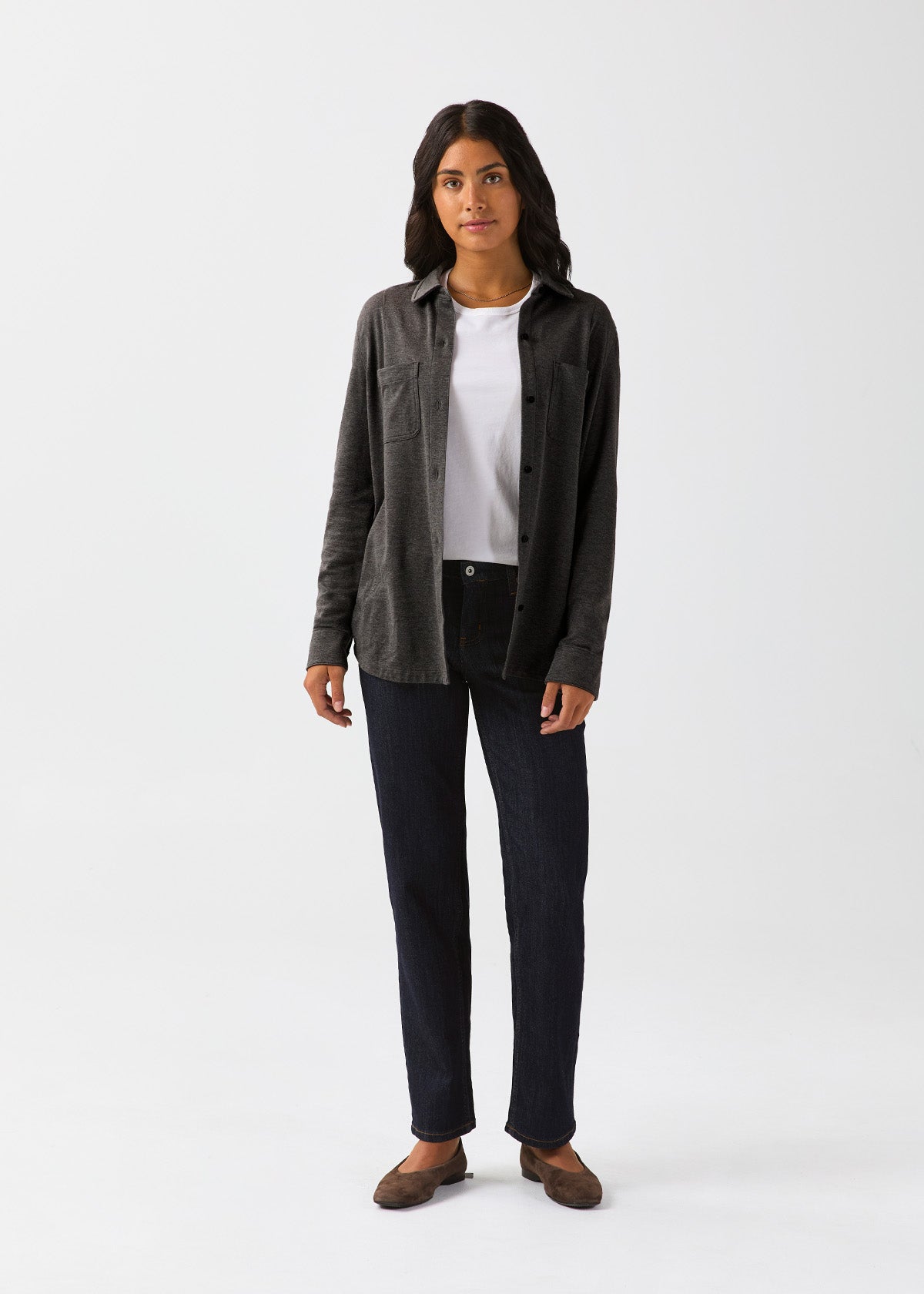 womens-performance-flannel-lite-two-pocket-shirt-heather-black front full body