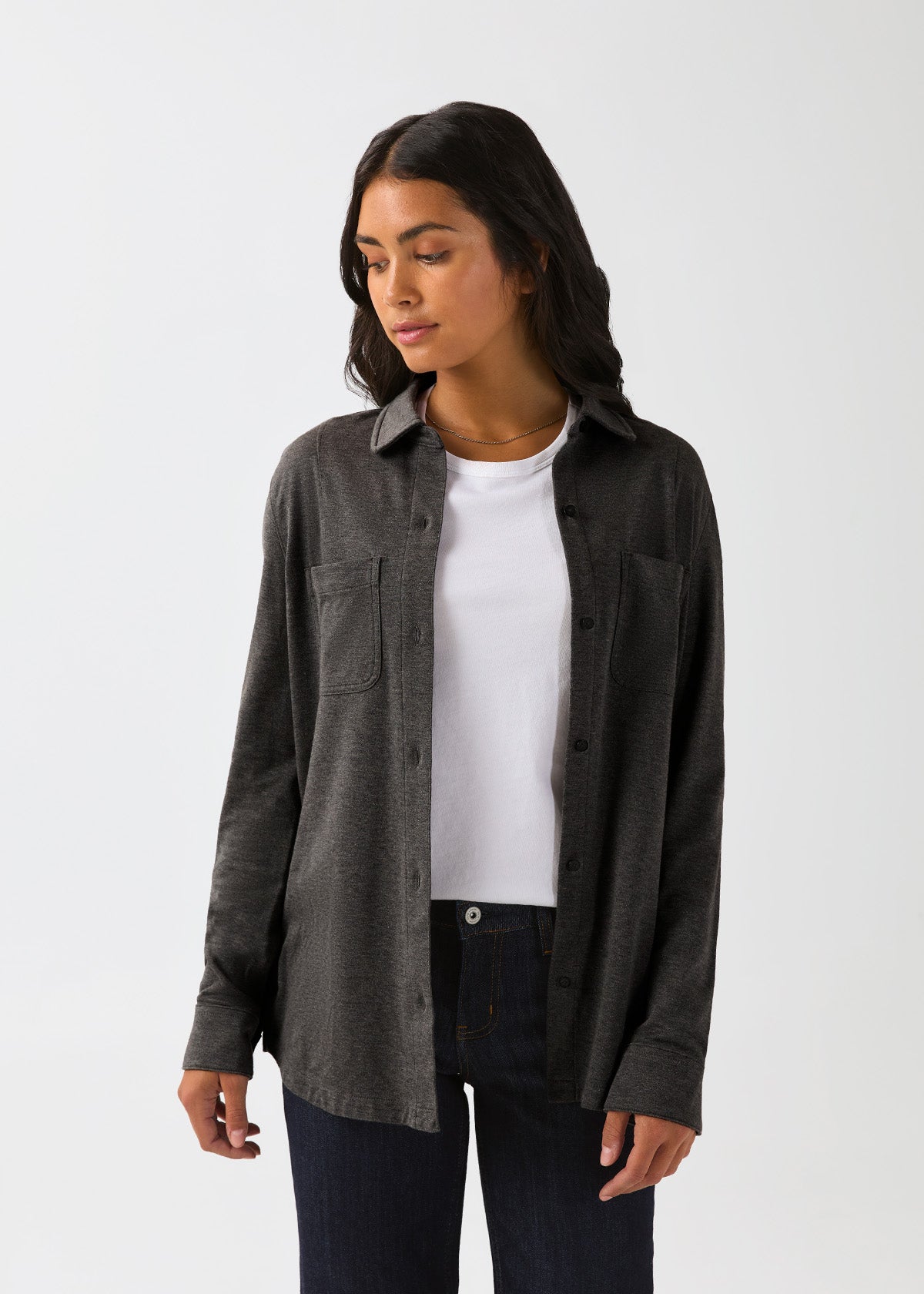womens-performance-flannel-lite-two-pocket-shirt-heather-black front