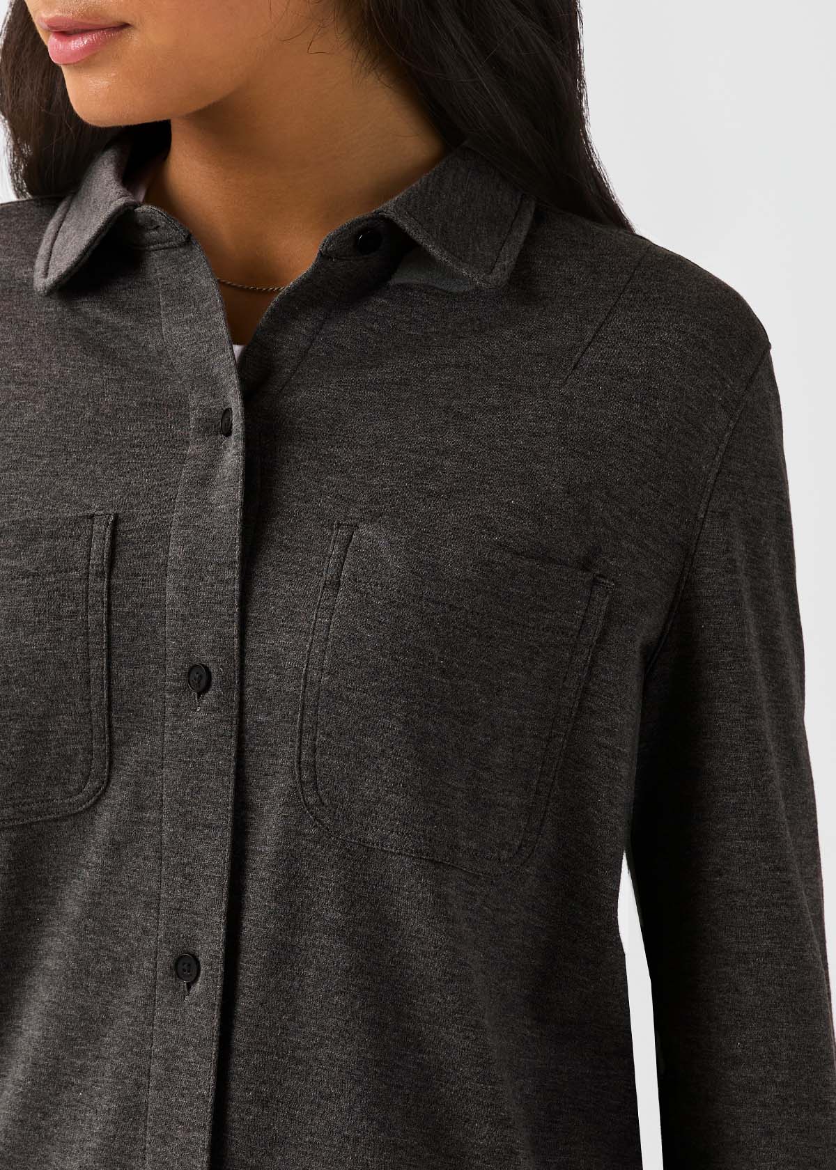 womens-performance-flannel-lite-two-pocket-shirt-heather-black front pocket detail