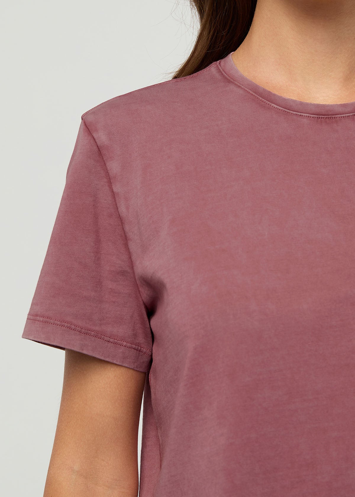 Women's Washed Dusty Rose 100% Pima Cotton Boxy T-Shirt front sleeve detail