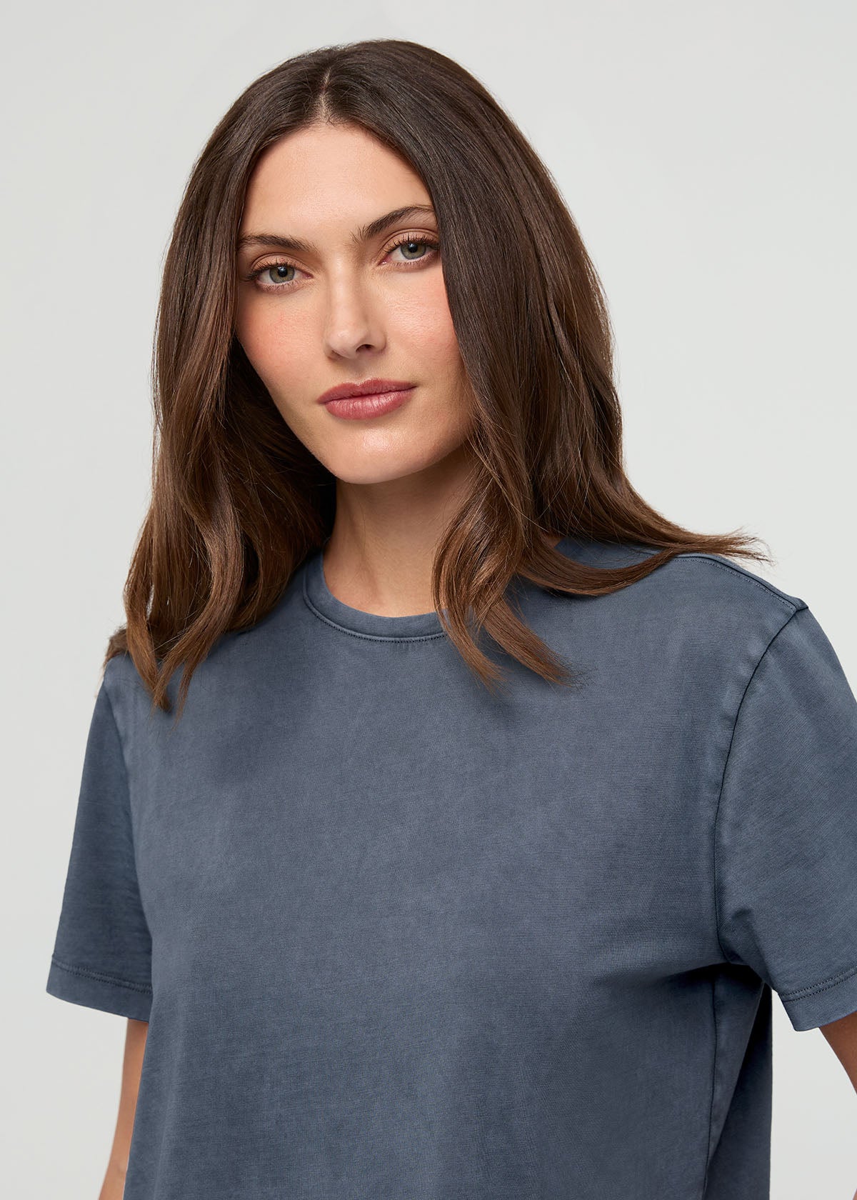Women's Washed Stone Blue 100% Pima Cotton Boxy T-Shirt front detail