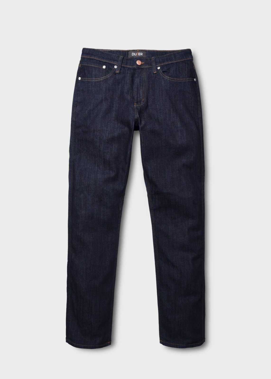 mens dark blue wash relaxed fit stretch jeans flat lay