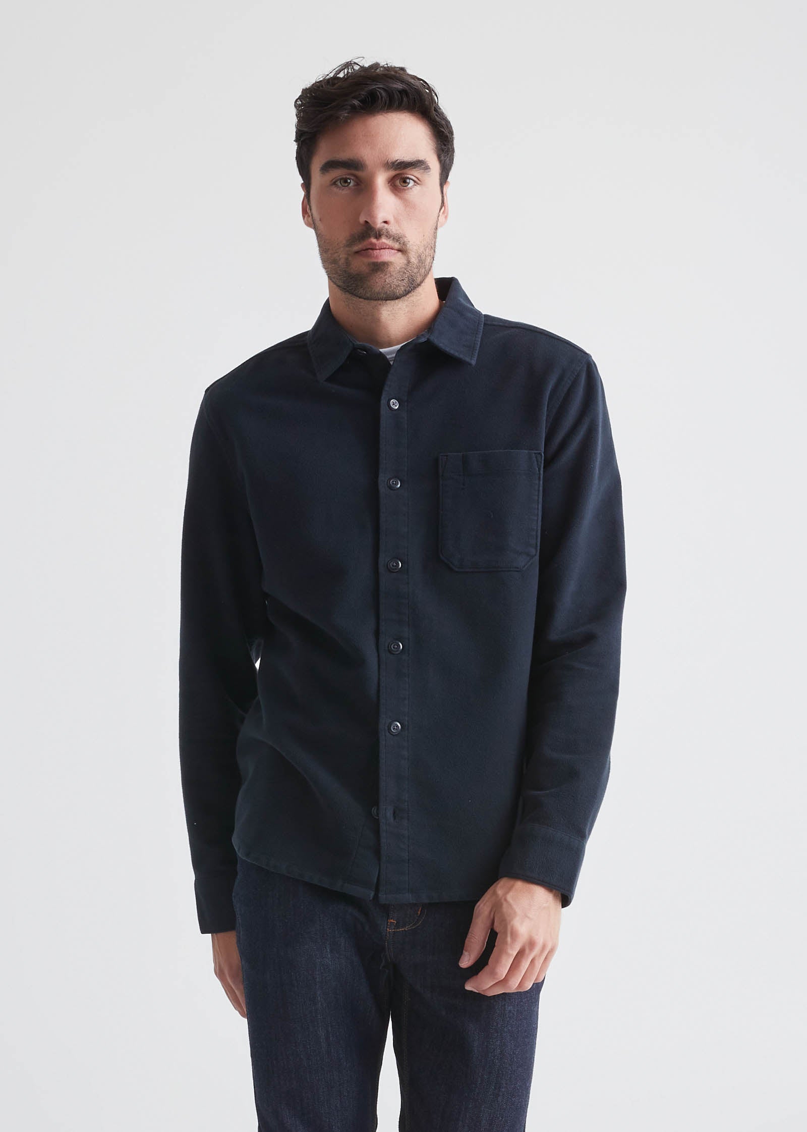 Men's Navy Relaxed Moleskin Button Up Shirt Front