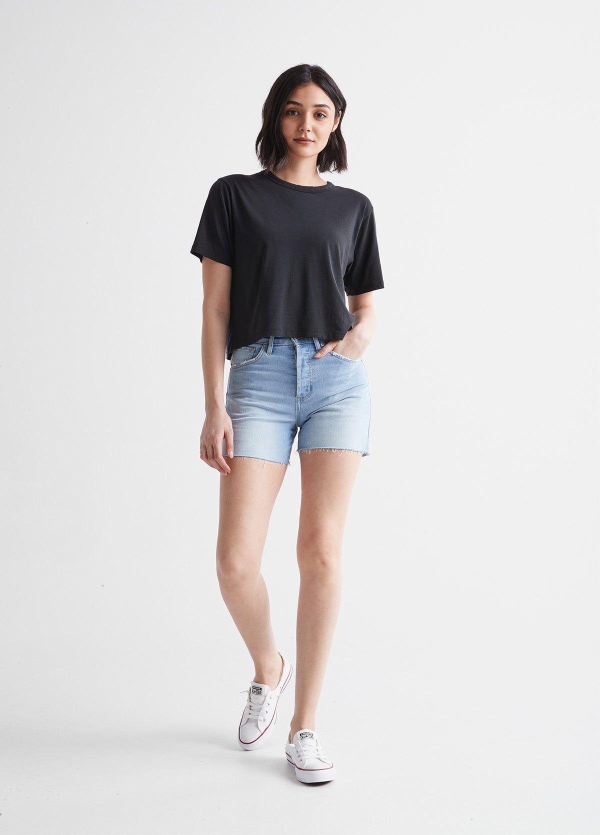 womens light blue high rise stretch denim short full body